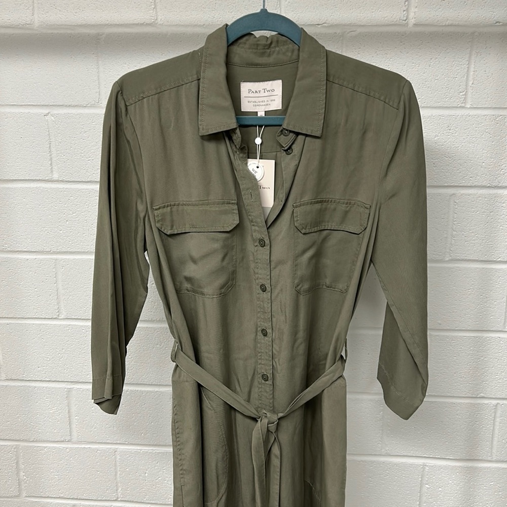 Part Two Sage Green Button Front Shirt Dress with Pockets